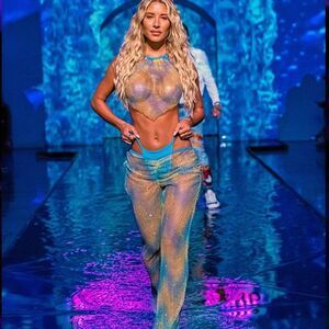 Pretty Little Thing (PLT) Turquoise Diamante Beach Flare Pants + Top size S/M